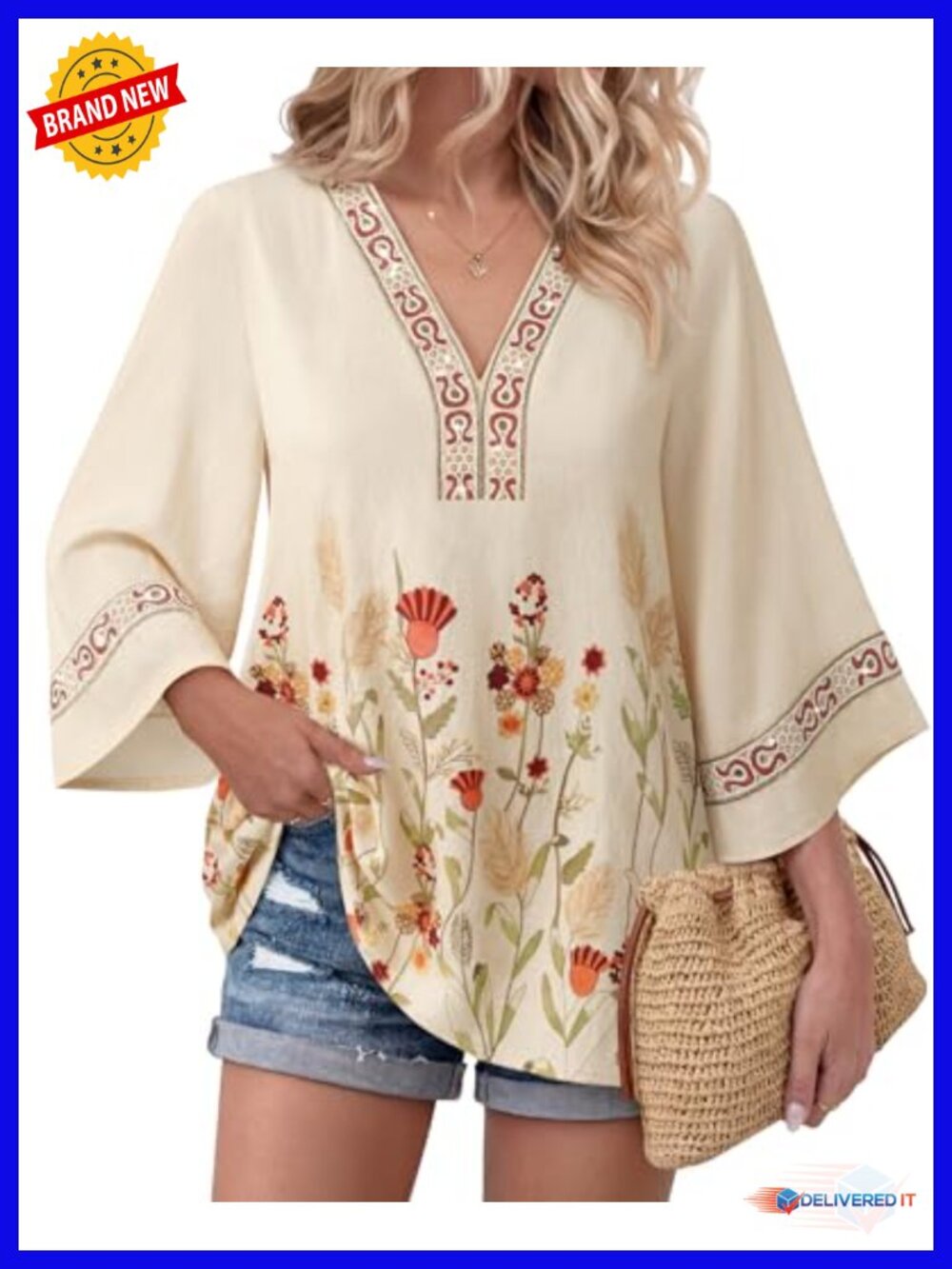 3/4 Bell Sleeve V-Neck Embroidered Boho Tunic Blouse Casual Flowy Top